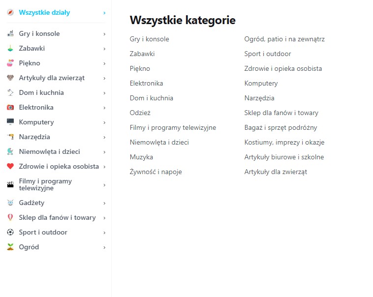 Coolshop - duńska platforma i możliwy konkurent Allegro, Kategorie