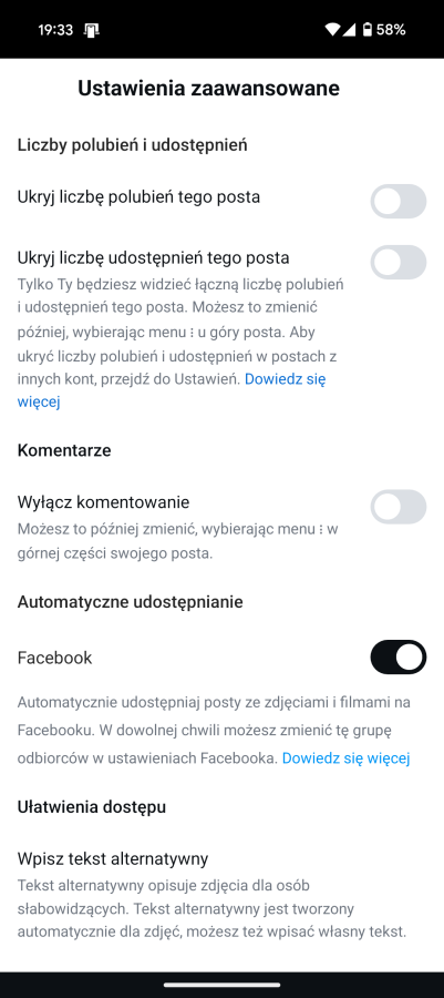 Opcje publikacji - Instagram