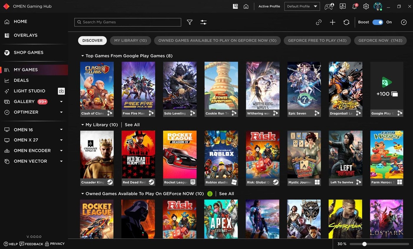 Omen Gaming Hub z dostępem do Google Play Games