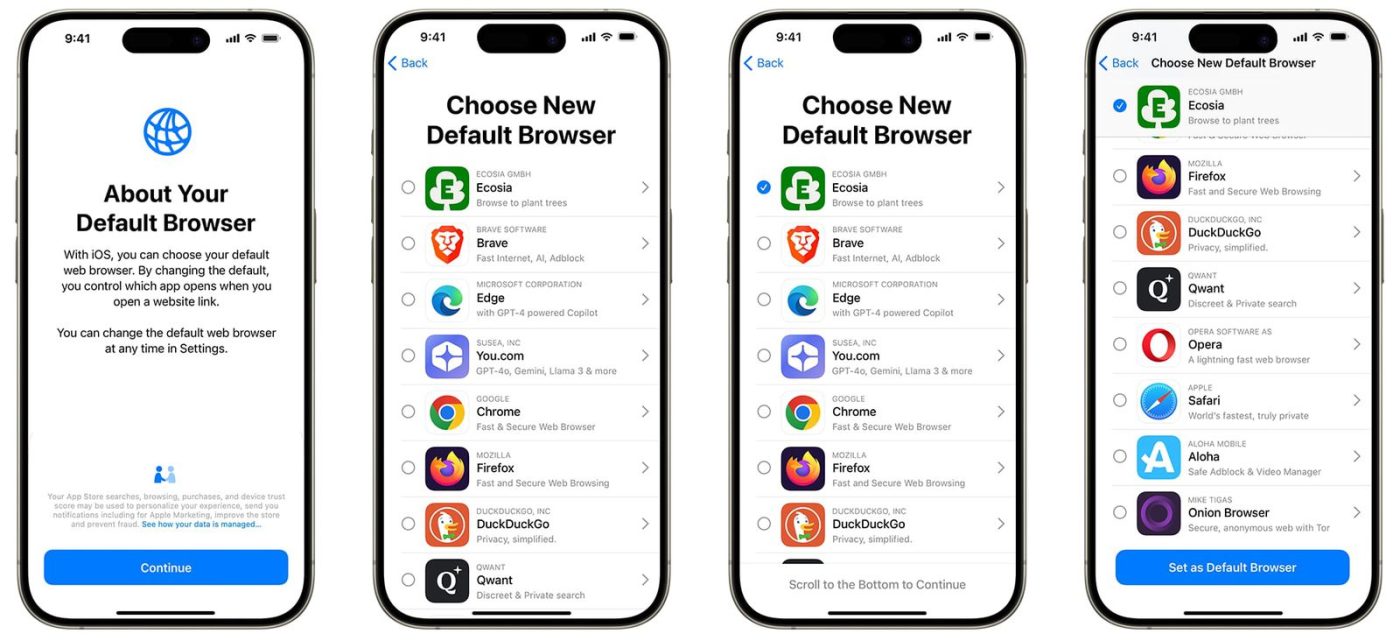 iOS 18 ekran wyboru domyślnej przeglądarki internetowej
