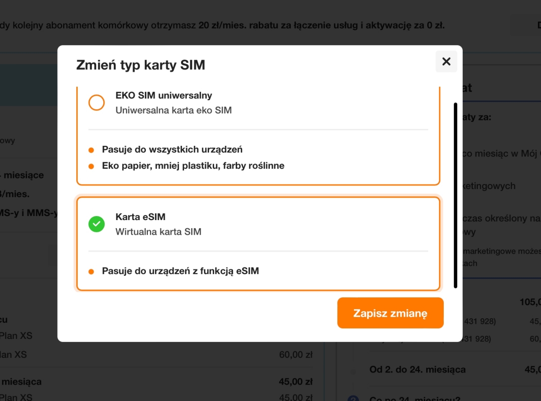 Orange wybór karty eSIM