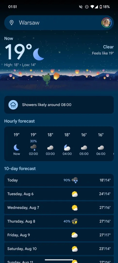 Stara aplikacja Pogoda na Google Pixel 9
