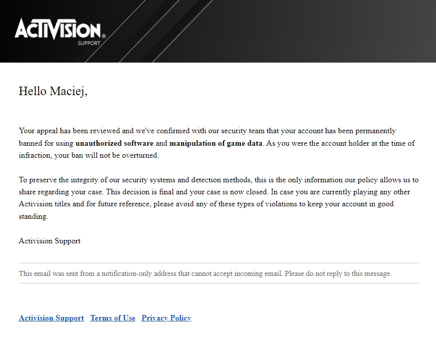 email odwolanie perm ban call of duty