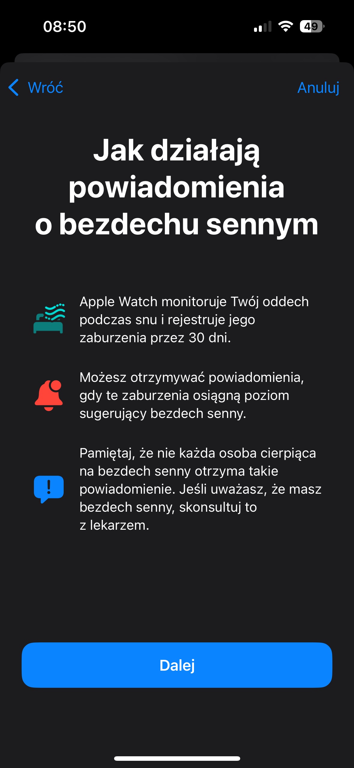 Funkcja wykrywania bezdechu sennego w Apple Watch (screen: Mateusz Budzeń | Tabletowo.pl)