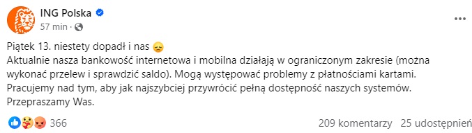 awaria ing bank śląski 13.09.2024 facebook fot. tabletowo.pl