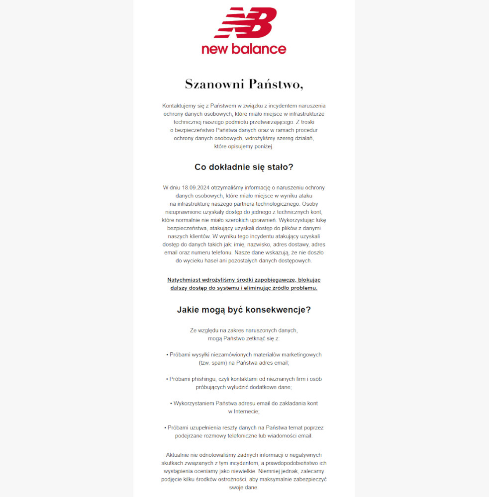 wyciek danych komunikat New Balance