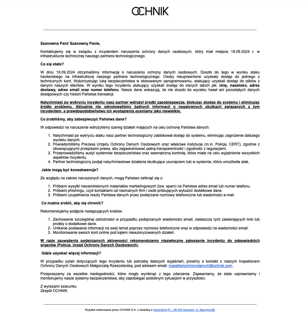wyciek danych komunikat Ochnik
