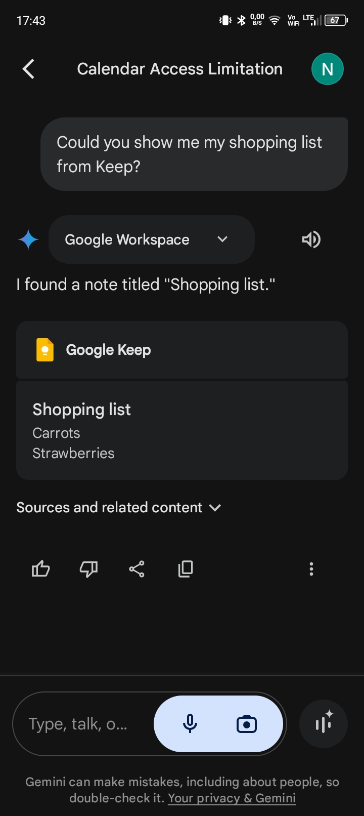 Google Gemini z dostępem do notatek Keep
