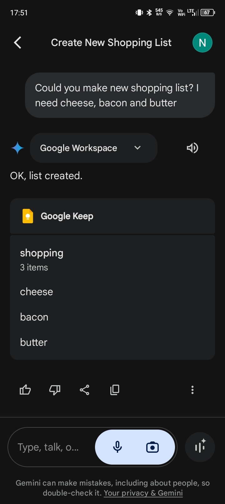 Google Gemini z dostępem do notatek Keep
