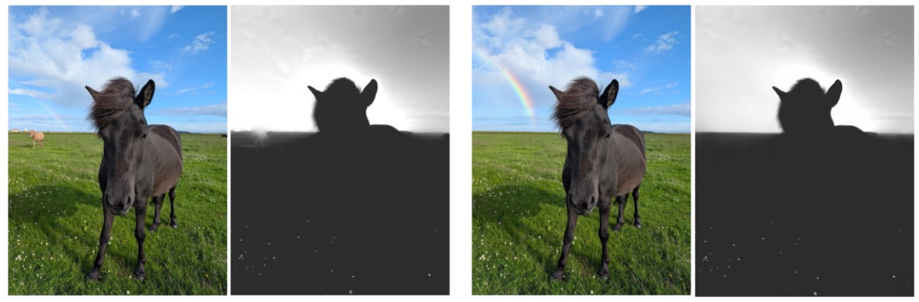 Po lewej: Oryginalne obrazy z ich mapami wzmocnienia. Po prawej: Edytowane obrazy, przy użyciu różnych narzędzi do edycji opartych na uczeniu maszynowym w Google Photos, każdy z mapami wzmocnienia zrekonstruowanymi nową metodą ML