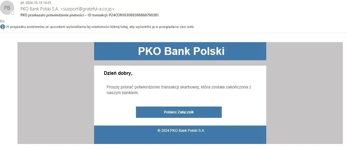 Ostrzeżenie dla klientów PKO BP, fałszywy mail