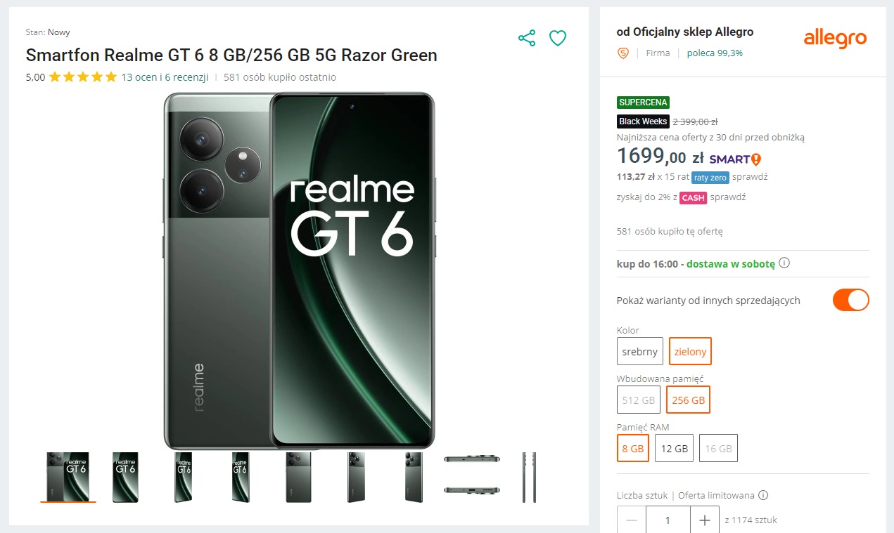 promocja smartfon realme gt 6 8 gb 256 gb za 1699 złotych black friday 2024 fot. tabletowo.pl