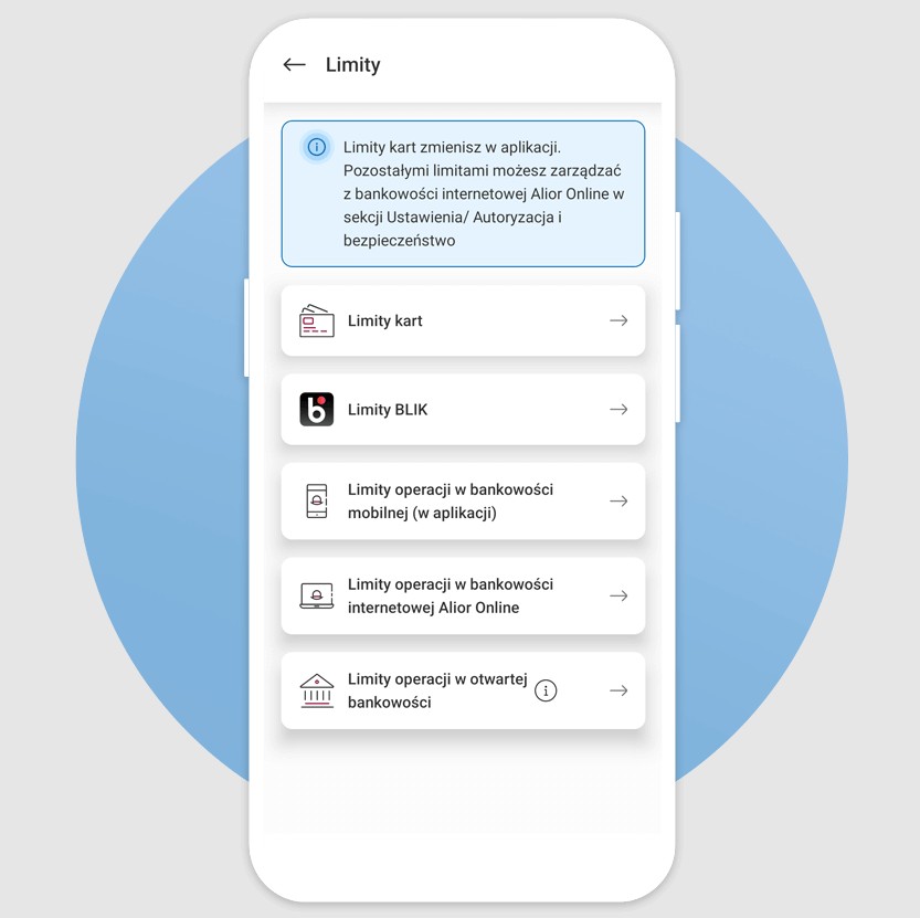 Sekcja "Limity płatności" w aplikacji Alior Mobile w Alior Banku