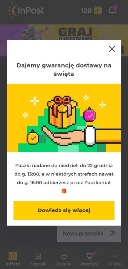 screen z aplikacji InPostu o gwarancjach dostaw przed świętami