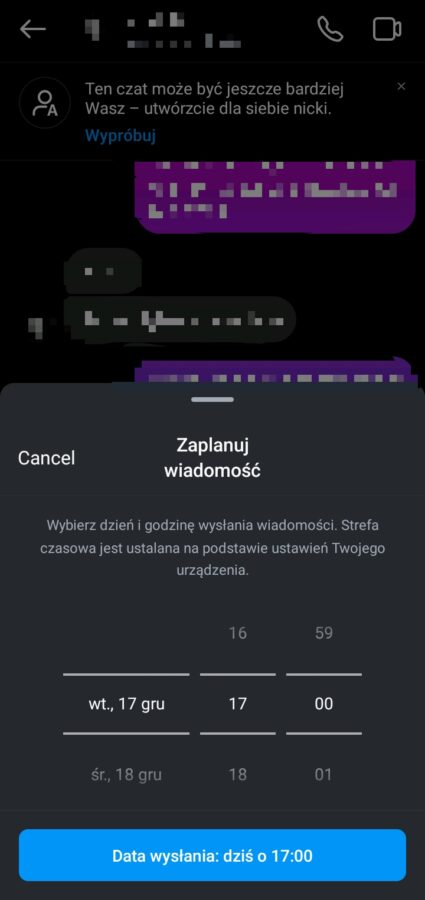 Funkcja "Zaplanuj wiadomość" na Instagramie