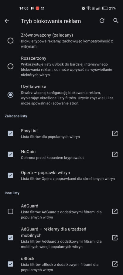 Opera Android bloker reklam