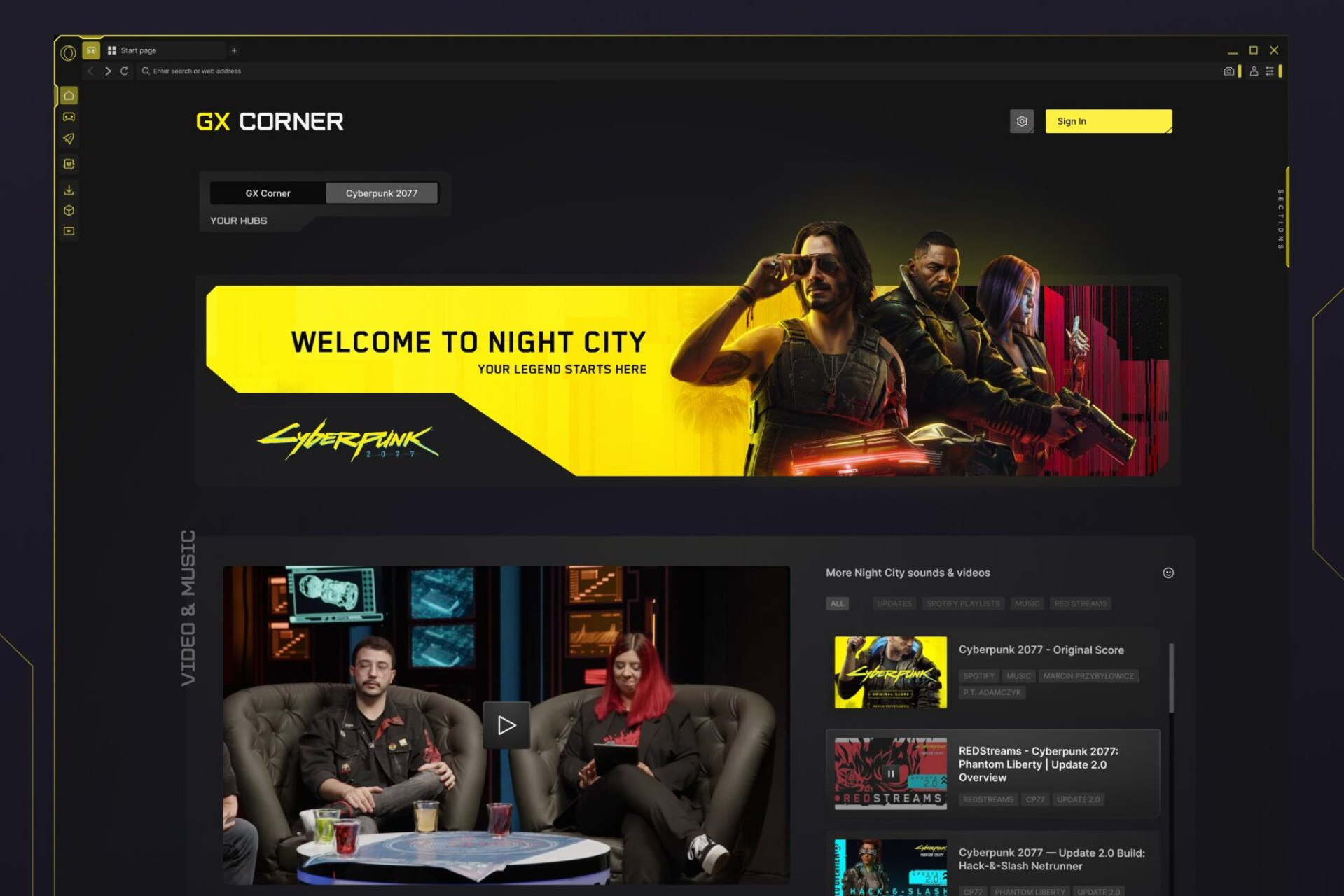 Opera GX Cyberpunk 2077 Hub