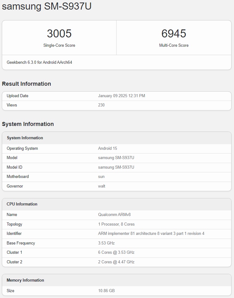smartfon samsung galaxy s25 slim samsung sm-s937u geekbench test wynik