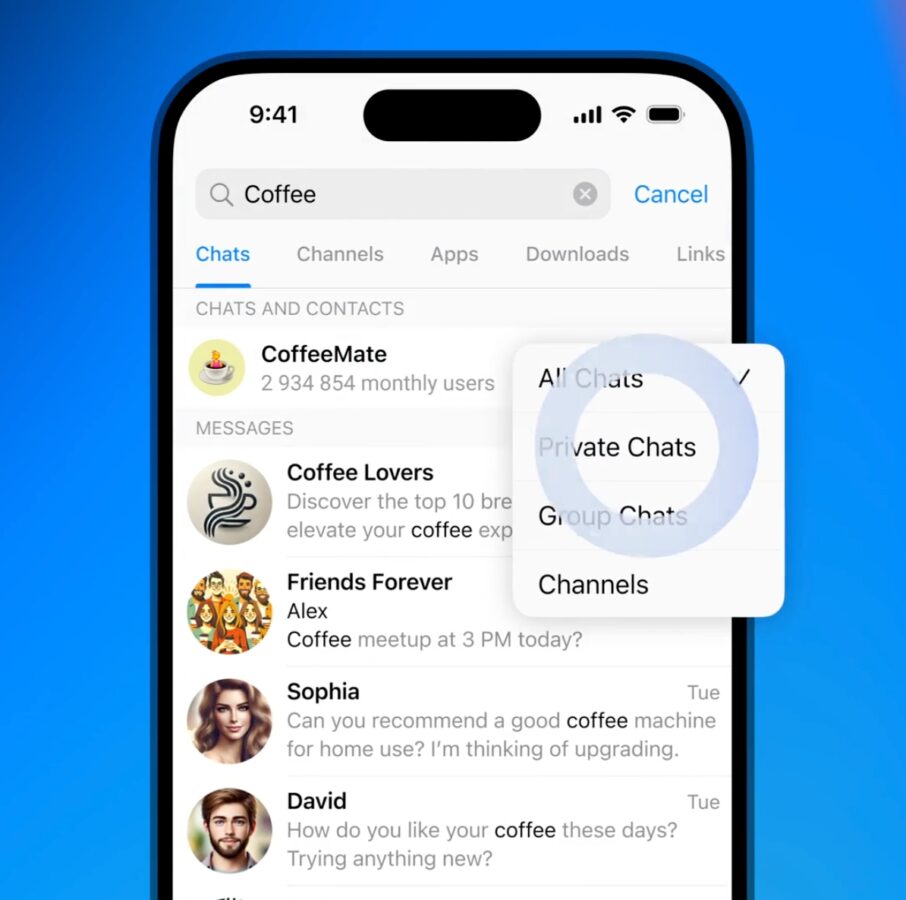 Telegram Filtry wyszukiwania wiadomości