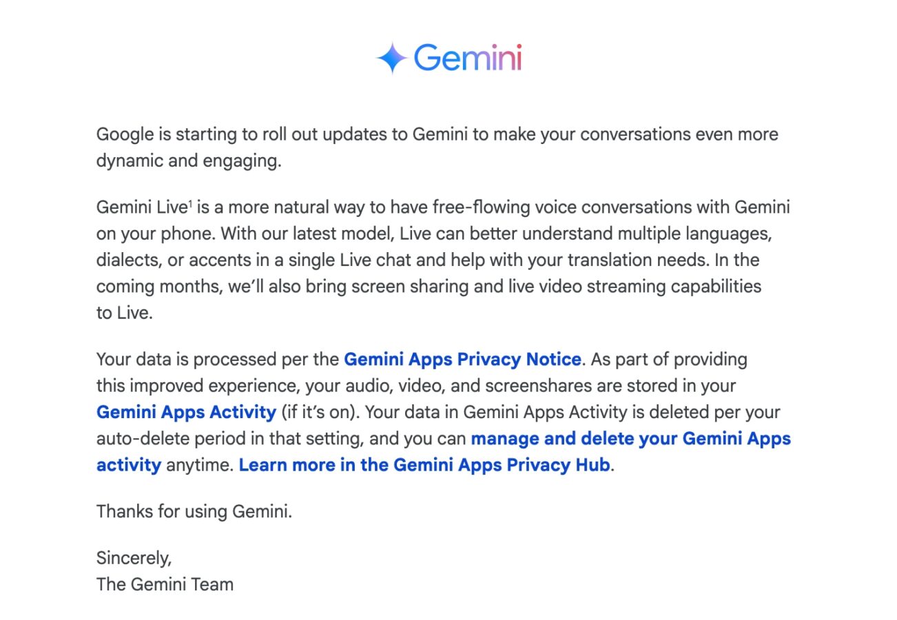 Google Gemini Live wiadomość e-mail