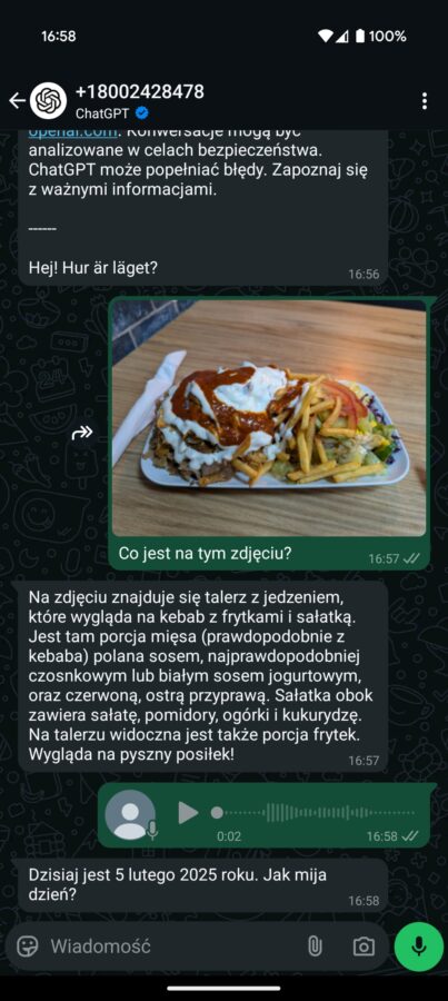 WhatsApp rozmowa z ChatGPT