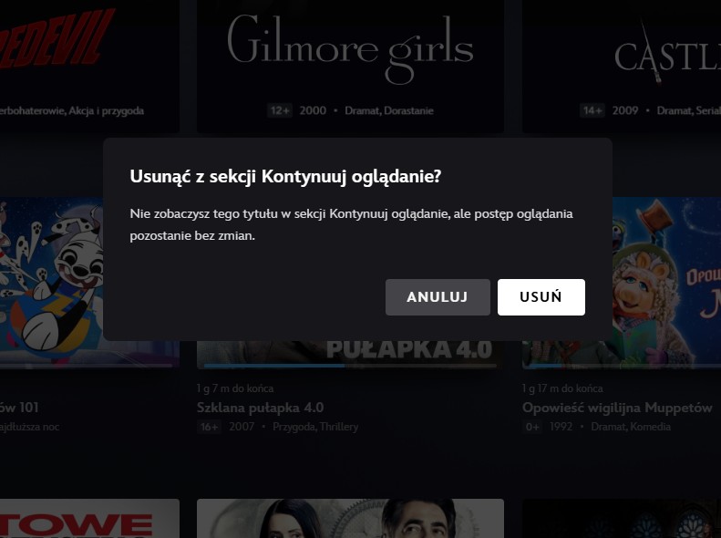 Disney+ opcja usuwania tytułów z sekcji "Kontynuuj oglądanie"