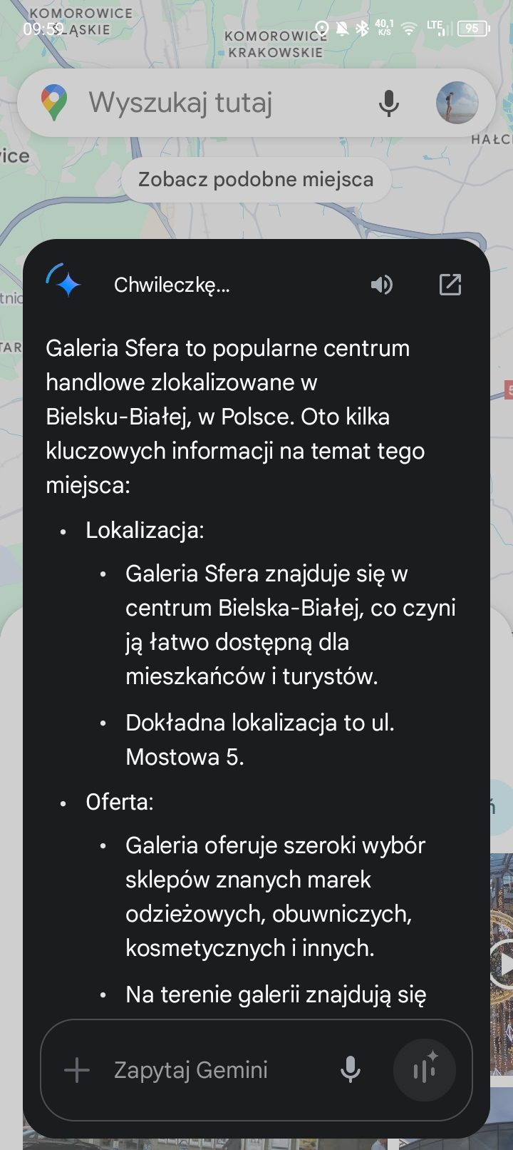 Funkcja Gemini "Zapytaj o miejsce" w aplikacji Mapy Google