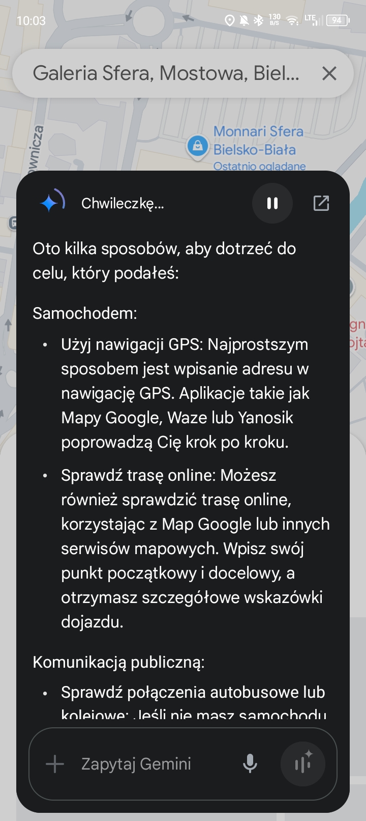 Funkcja Gemini "Zapytaj o miejsce" w aplikacji Mapy Google