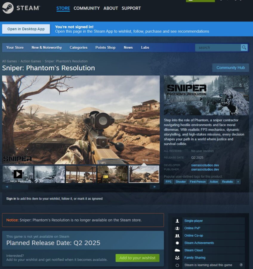Gra Sniper's Phantom Resolve oszustwo steam