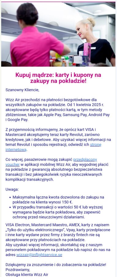 wizz air wyłącznie płatność gotówką na pokładzie samolotu od kwietnia 2025 roku fot. tabletowo.pl