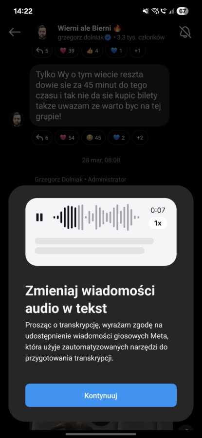 instagram transkrypcja wiadomości głosowych głosówek aplikacja android