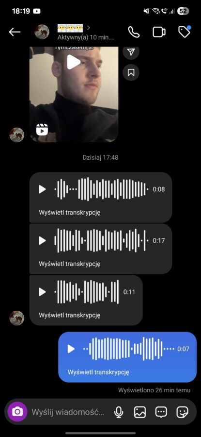 instagram transkrypcja wiadomości głosowych głosówek aplikacja android
