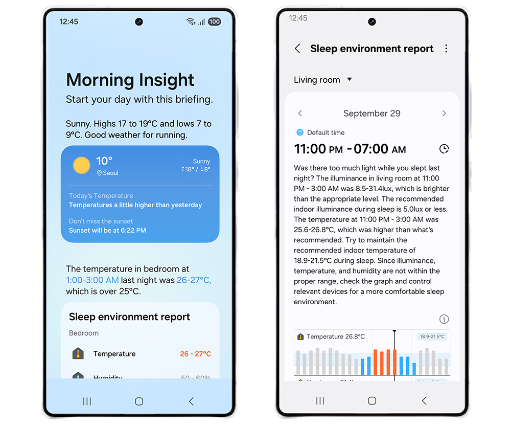(Po lewej) Karta podsumowująca środowisko snu wyświetlana w Galaxy Now Briefing, (Po prawej) szczegółowy raport dotyczący środowiska snu (źródło: Samsung)
