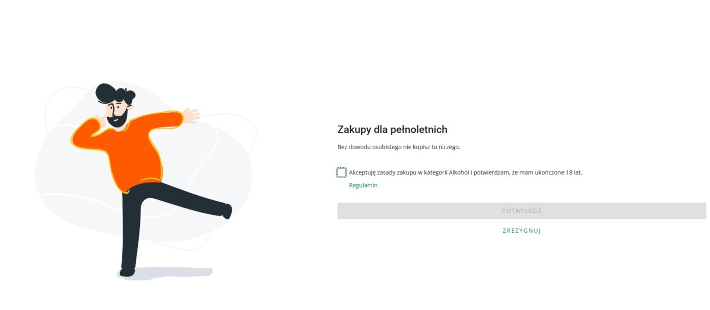plansza wyświetlająca się przed przejściem do sekcji z alkoholami na allegro - użytkownik musi potwierdzić, że jest pełnoletni