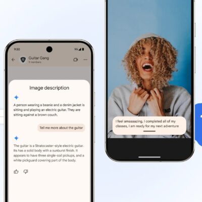 Obraz przedstawia zestaw nowych ułatwień dostępu dla osób niedowidzących i niewidomych, wprowadzanych przez Google do systemu Android i przeglądarki Google Chrome.