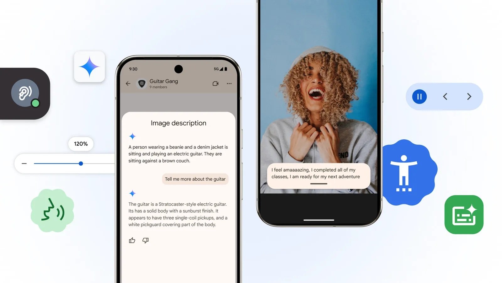 Obraz przedstawia zestaw nowych ułatwień dostępu dla osób niedowidzących i niewidomych, wprowadzanych przez Google do systemu Android i przeglądarki Google Chrome.