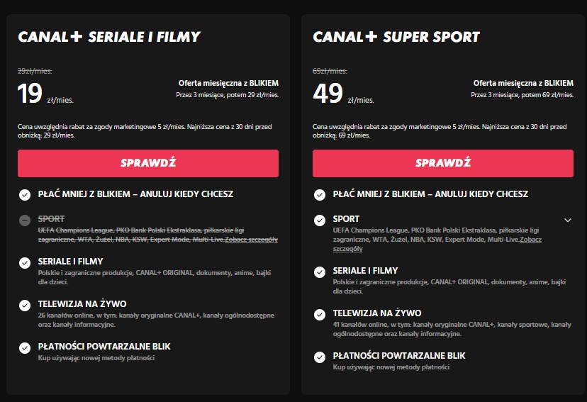 Cena subskrypcji Canal+ niższa dzięki usłudze płatności powtarzalne Blik, pakiet Seriale i Filmy oraz Super Sport
