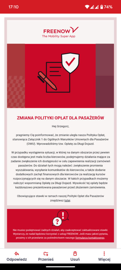 FreeNow mail opłata