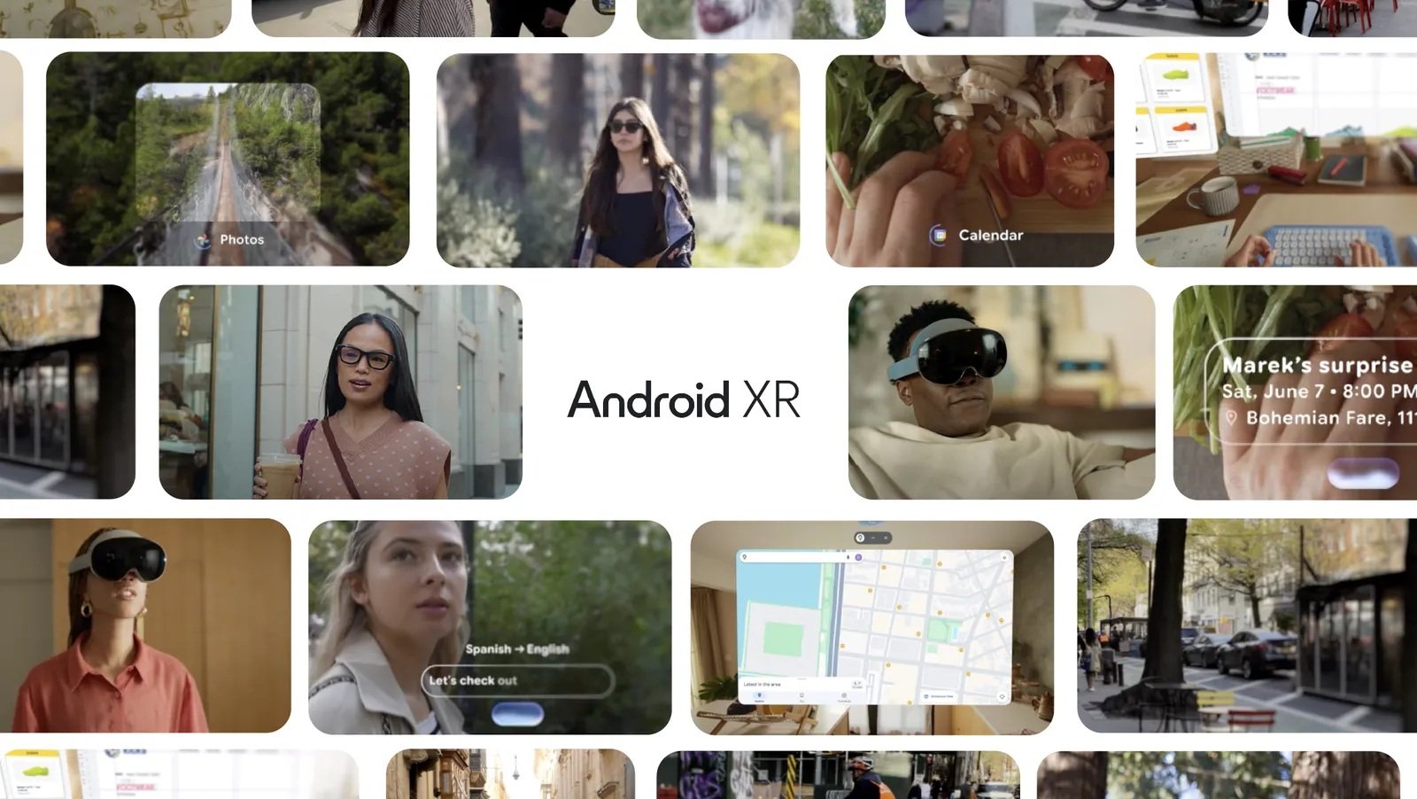 Przykłady zastosowania systemu operacyjnego Android XR, stworzonego przez Google, Samsunga i Qualcomm. Wśród przykładów: okulary i gogle