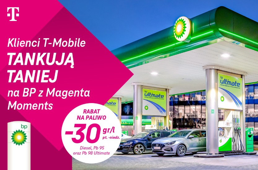 Tańsze paliwo na weekend dla uczestników programu T-Mobile Magenta Moments. Zdjęcie przedstawia stację paliw bp i rabat na paliwo Diesel, Pb 95 lub Pb 98 Ultimate w wysokości 30 gr/l od piątku do niedzieli