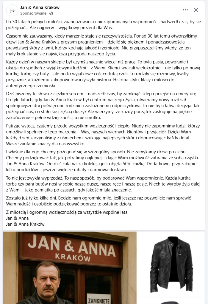 reklama na Facebooku, która informuje o wyprzedaży, spowodowanej likwidacją sklepu
