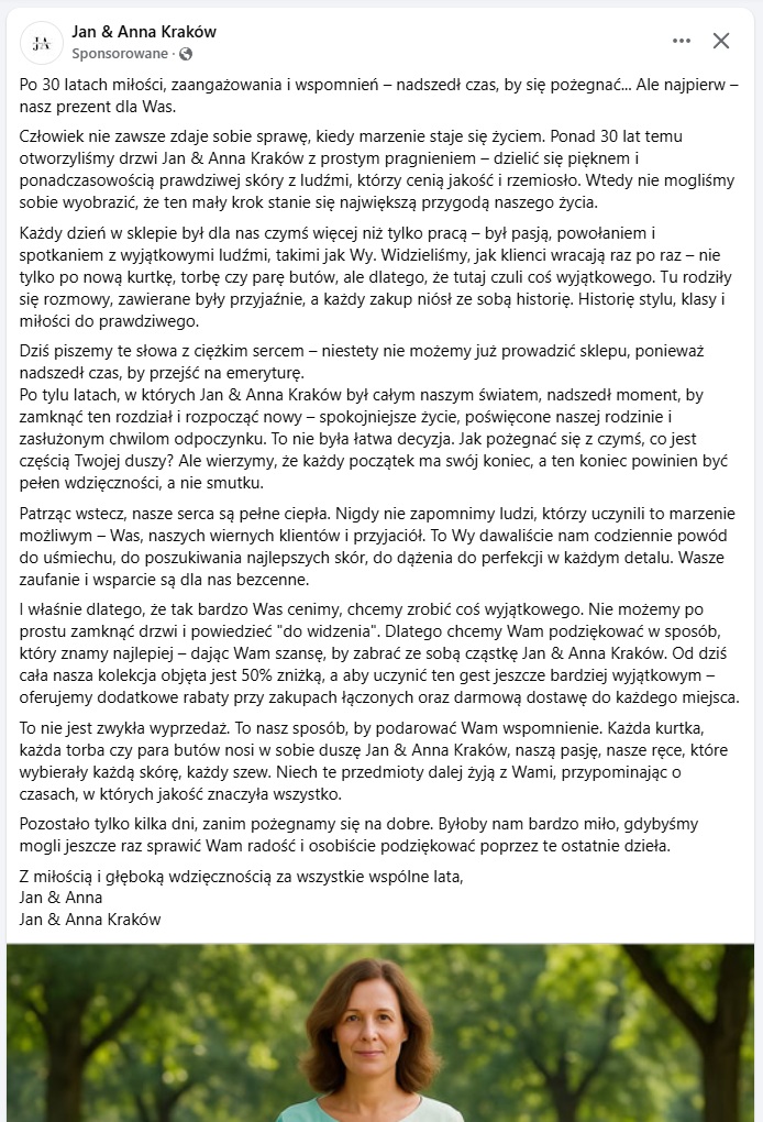 reklama na Facebooku, która informuje o wyprzedaży, spowodowanej likwidacją sklepu