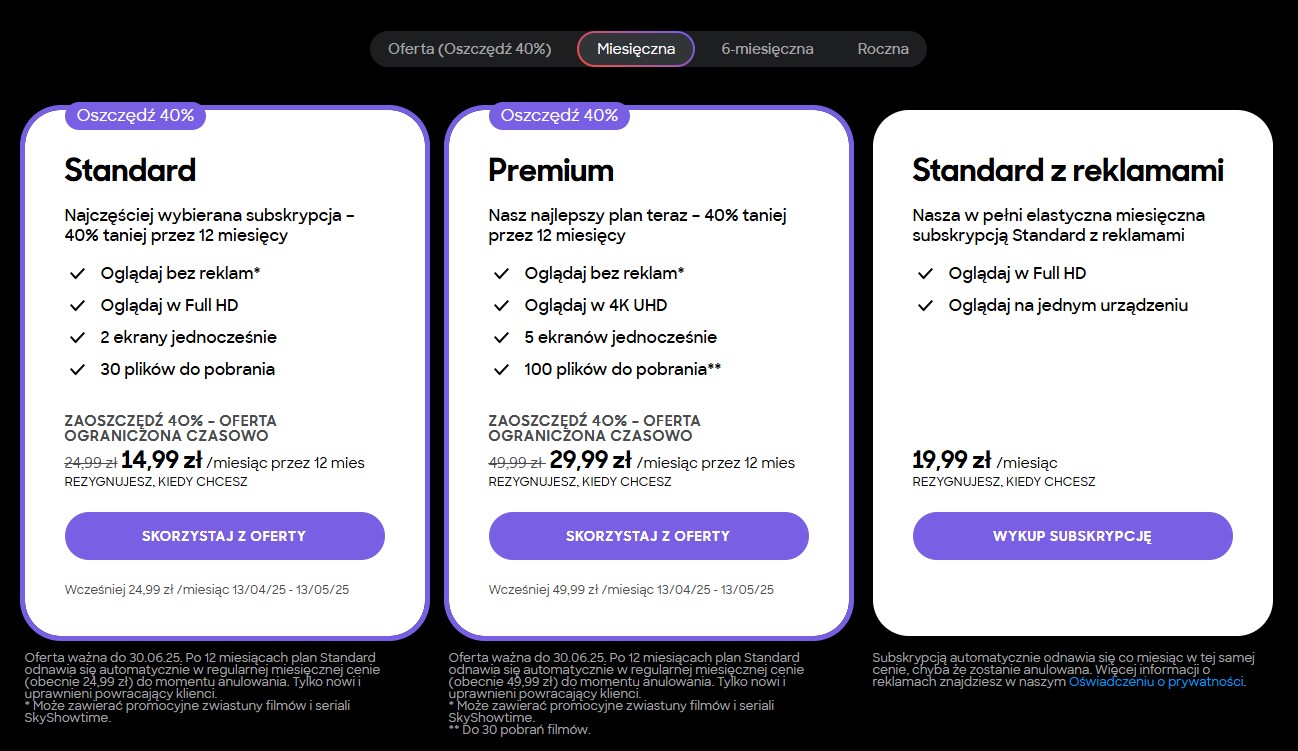 Obecnie dostępne plany subskrypcji SkyShowtime, promocje na plan standard i premium