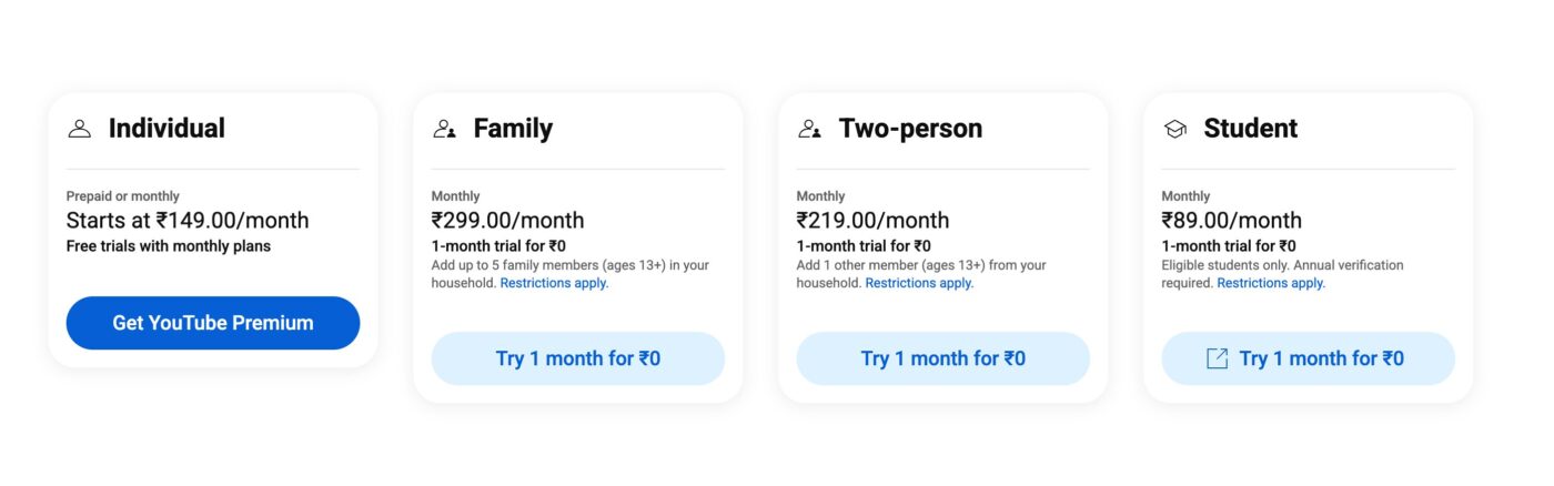 YouTube Premium plan dla dwóch osób cennik w Indiach