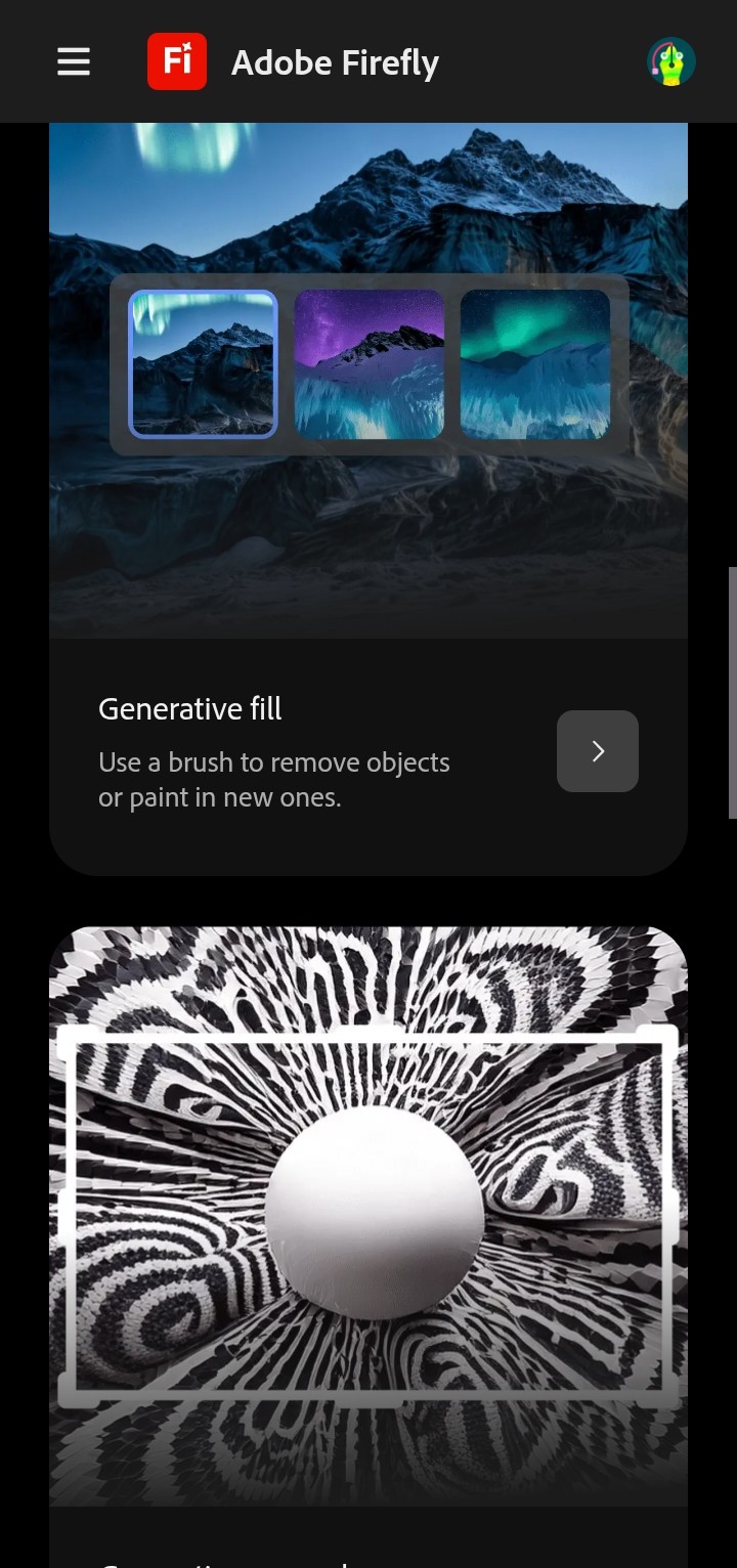 Aplikacja mobilna Adobe Firefly, screen