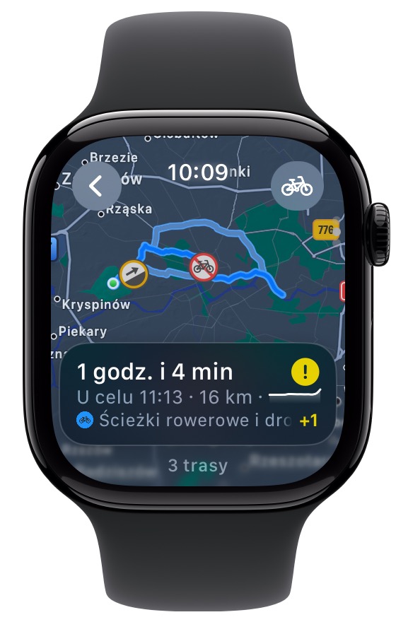 wskazówki dla rowerzystów w aplikacji apple mapy na smartwatchu apple watch