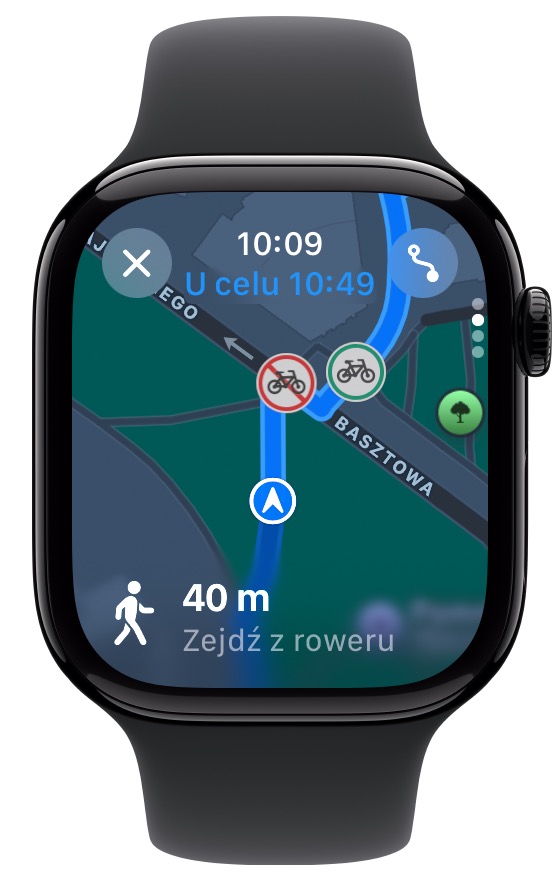 wskazówki dla rowerzystów w aplikacji apple mapy na smartwatchu apple watch