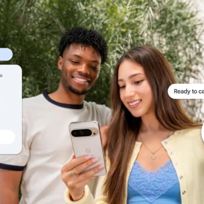 grafika przedstawia czarnoskórego chłopaka i białoskórą dziewczynę, trzymającą smartfon google pixel 9 pro w kolorze białym