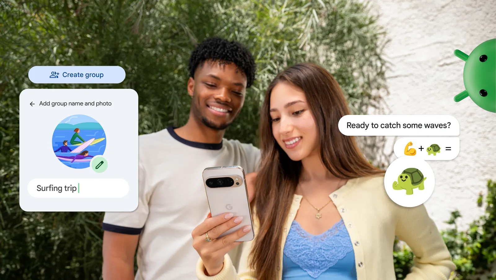 grafika przedstawia czarnoskórego chłopaka i białoskórą dziewczynę, trzymającą smartfon google pixel 9 pro w kolorze białym