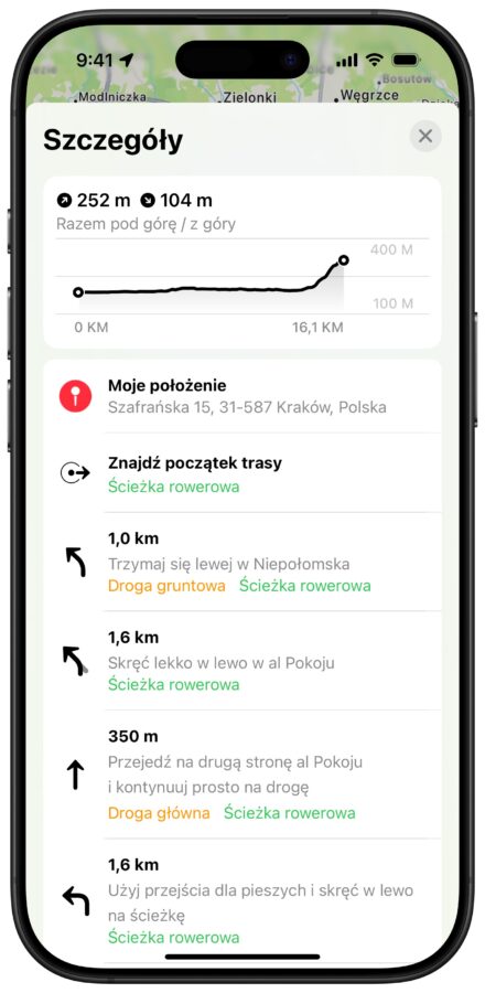 wskazówki dla rowerzystów w aplikacji apple mapy na smartfonie apple iphone